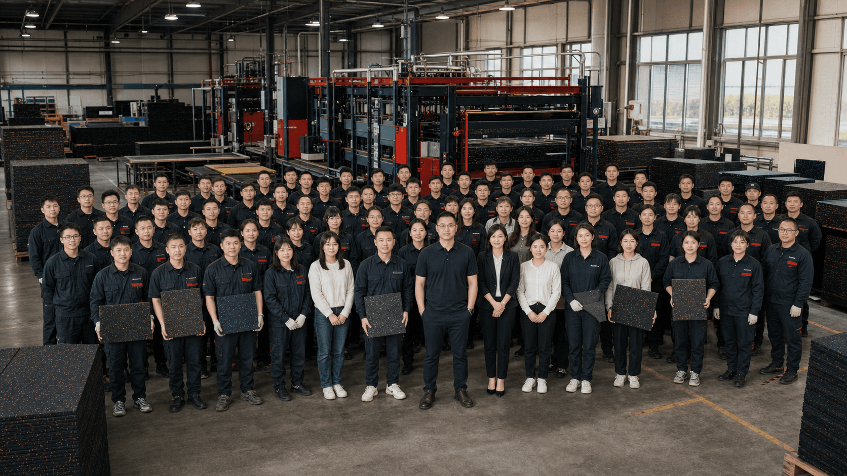 WDER factory team group photo with 50 to 60 people in workshop