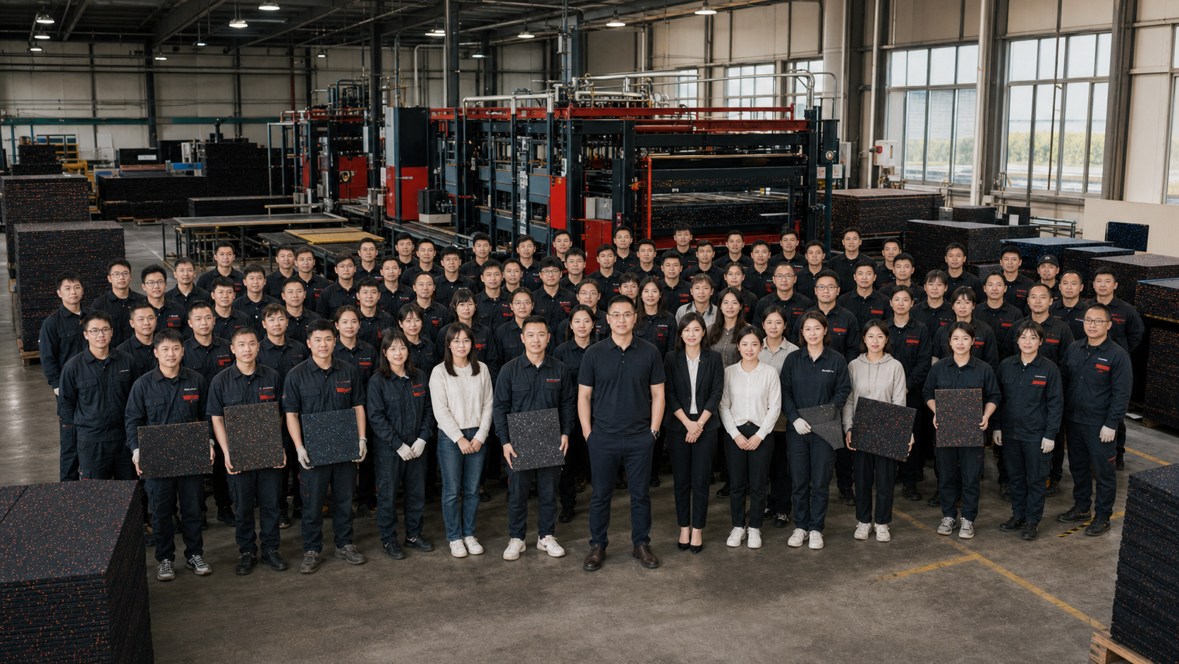 WDER factory team group photo with 50 to 60 people in workshop
